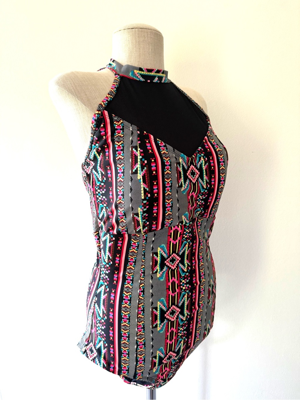 Forever 21 Black & Multicolor High-Neck Tribal Halter Swimsuit - Picture 5 of 11
